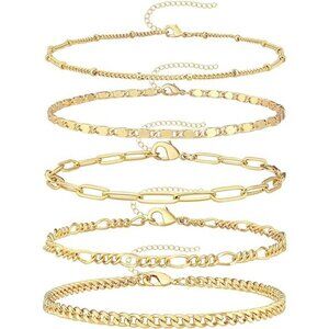 5 Pieces 14K Real Gold Plated Link Chain Bracelets for Women